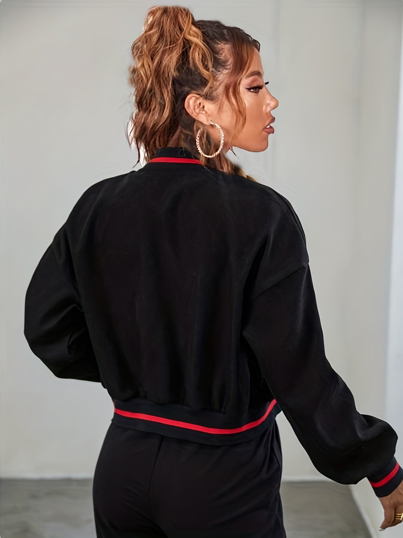 Alphabets Embroidered Varsity Jacket Casual Crop Button Front