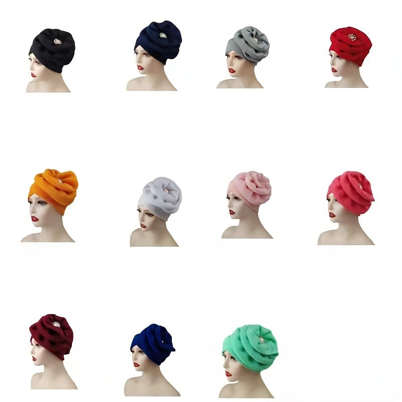 Faux Jade Alloy Turban Cap Flower Layer Wrinkled Hijab Hair Accessories