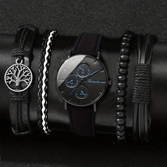Men's Scale Dial Watch & 4 Bracelets Set - Children's Gift