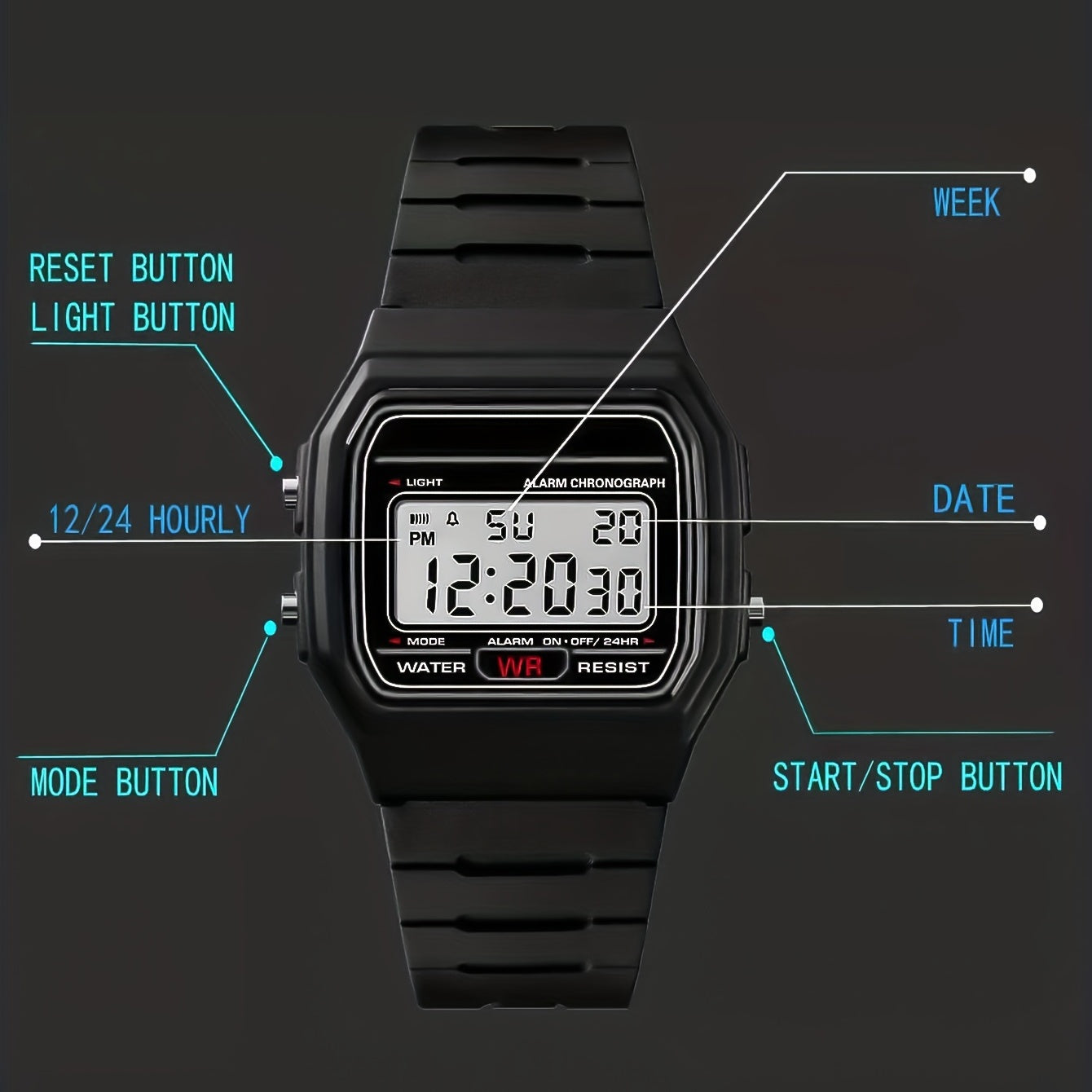 Luminous Square Electronic Outdoor Sports Watch for Boys