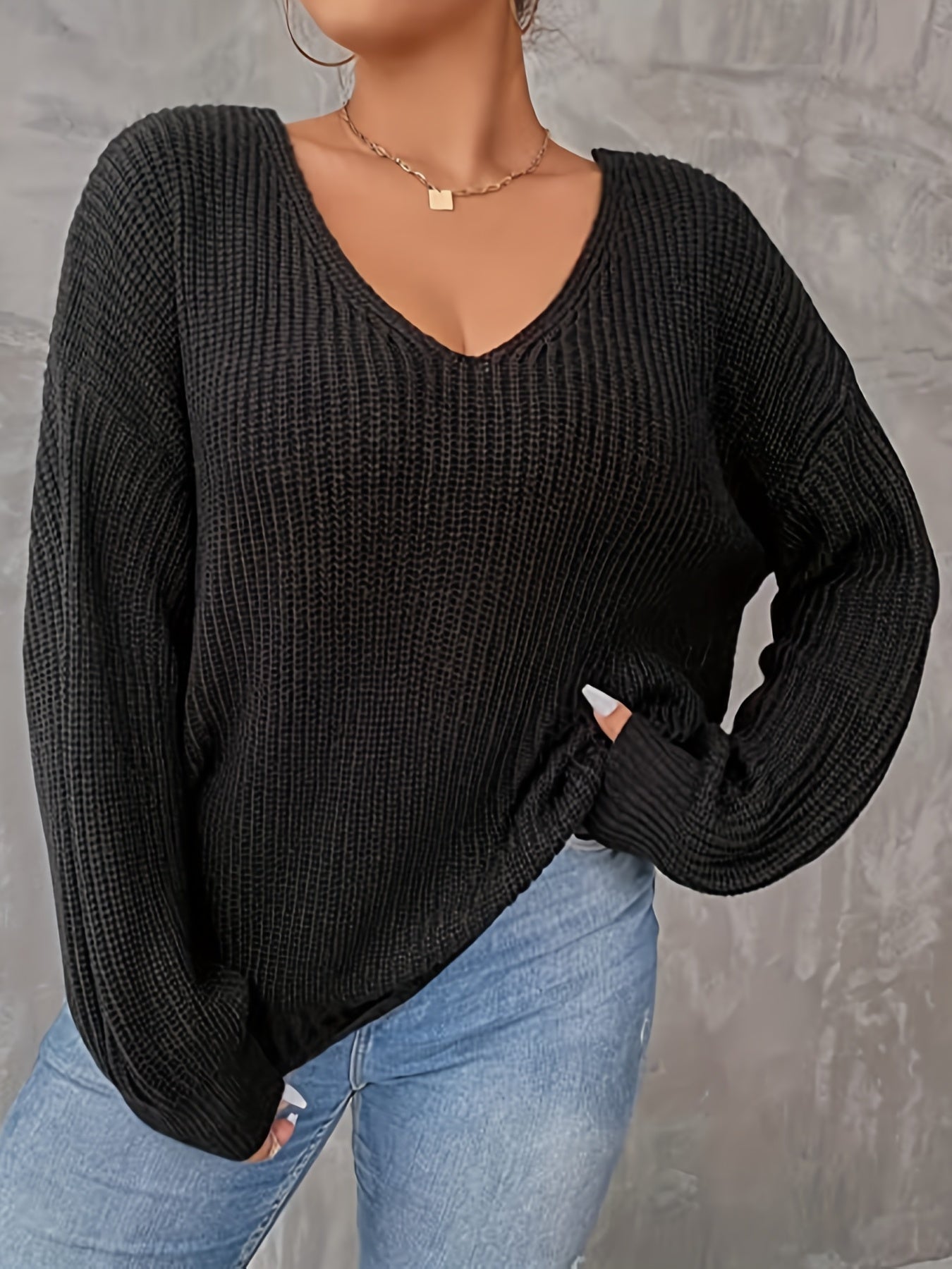  Casual Sweater Women's Plus Solid Lantern Sleeve V Neck Twist Back