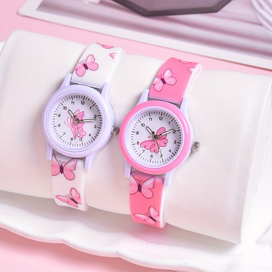 2pcs Butterfly Silicone Band Girls' Watch Set Non Waterproof Analog Quartz
