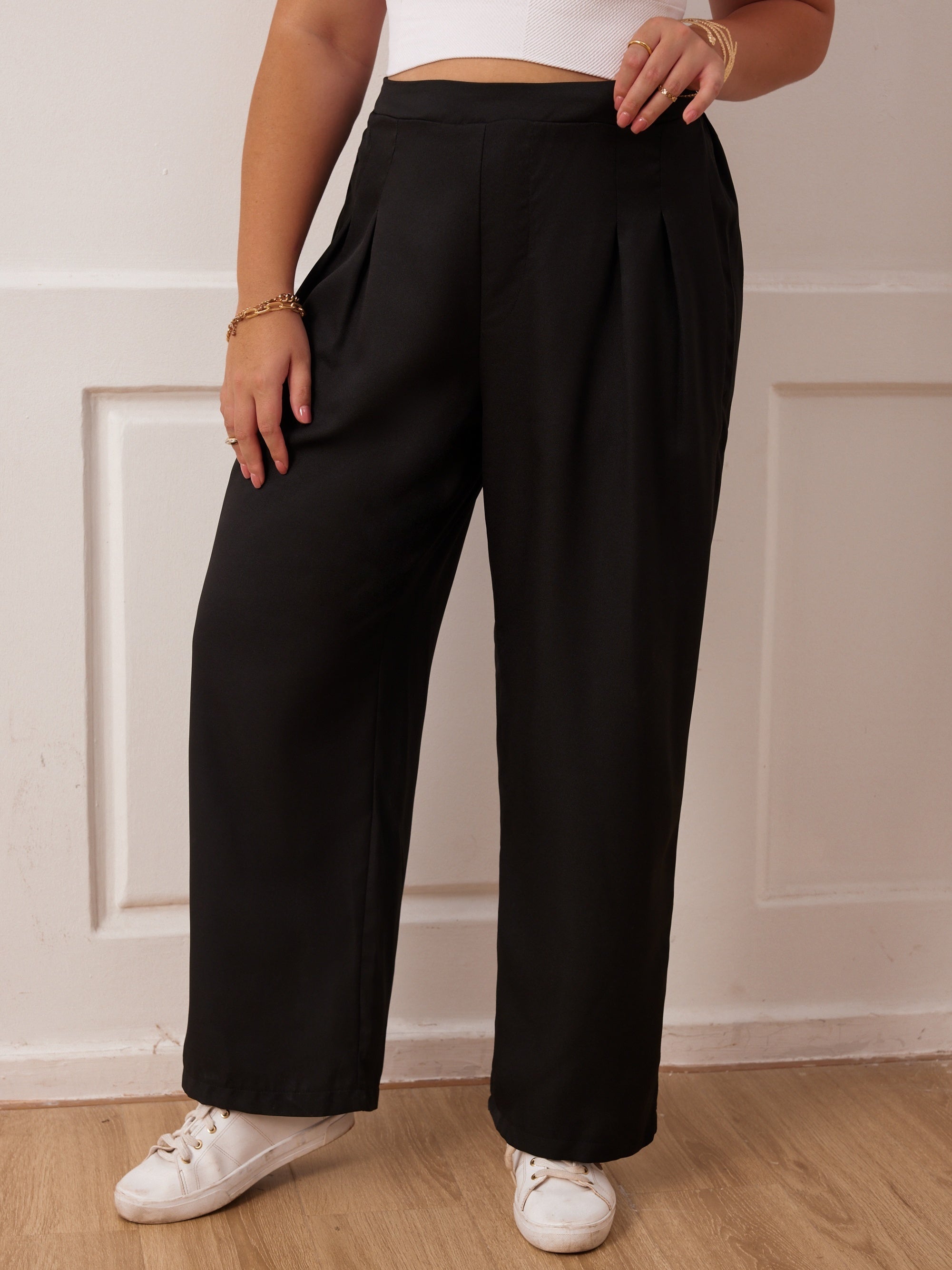  Wide Leg Workwear Pants Pleated Elastic Waist