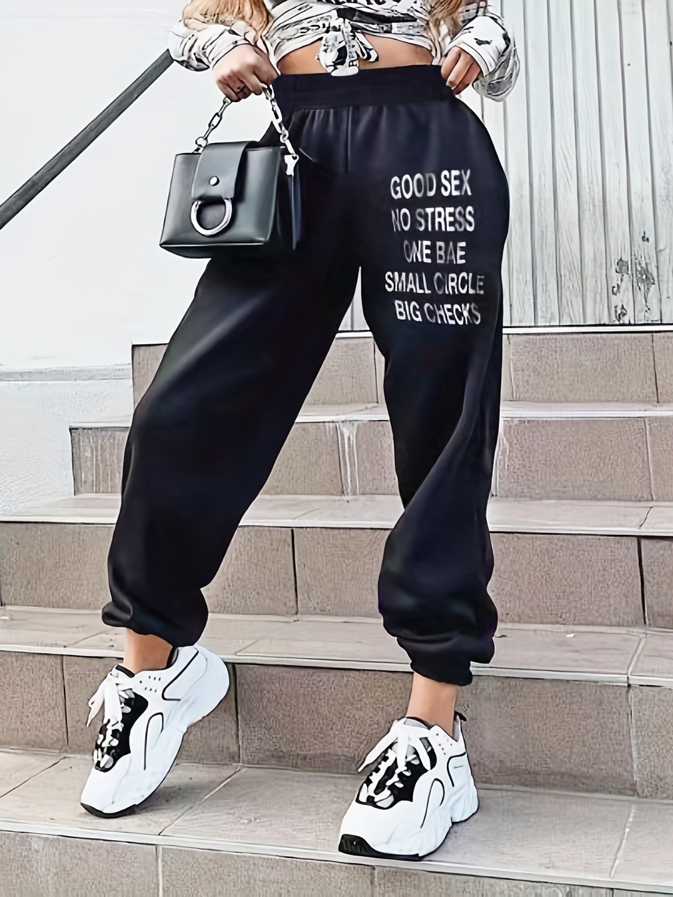  Women's Letter Print High Rise Casual Pants