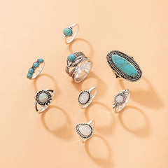 Vintage Turquoise Feather Ring Set 8pcs