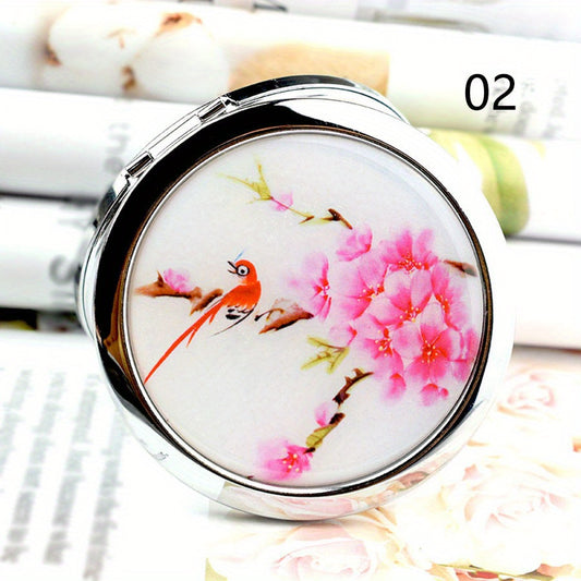 Peony Pattern Folding Compact Mirror Double Side Round Cosmetic Touch up Mirror