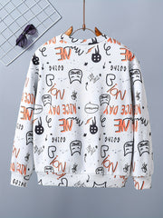 Letter And Cat Boys Full Print Sweatshirt Crew Neck Tops