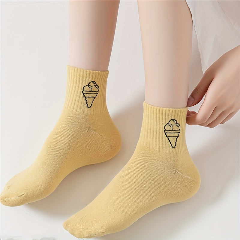 Ice Cream Print Mid Tube Socks, Women's Stockings