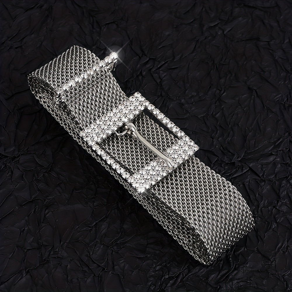 Metal Net Hollow Punk Belt with Rhinestone Buckle