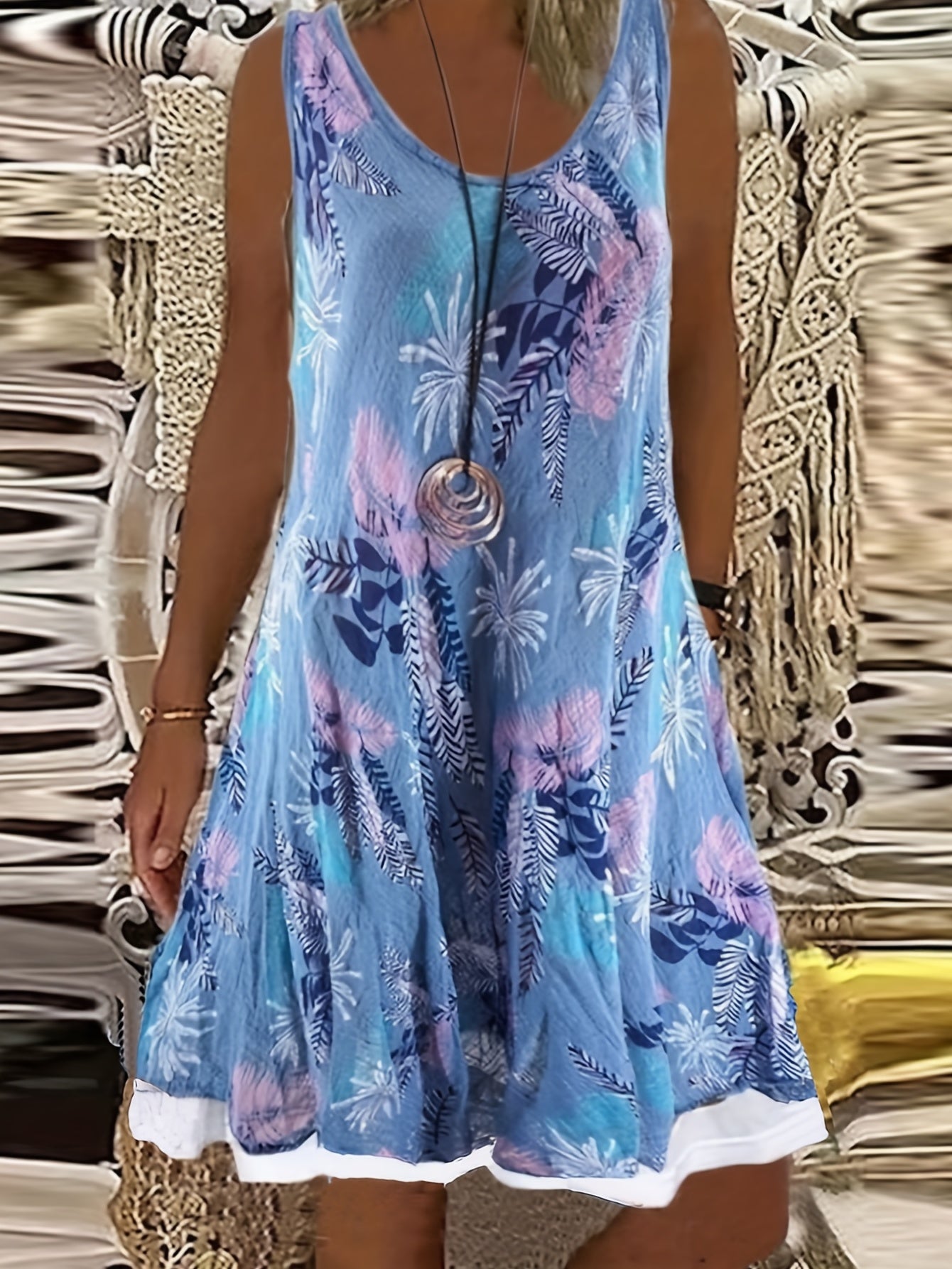  Tank Dress Colorblock Floral Print Round Neck Slight Stretch