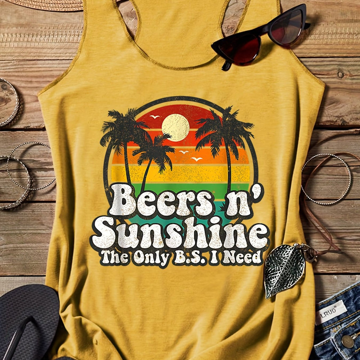 Seaside Scenery & Letter Print Tank Top Summer Sports Top
