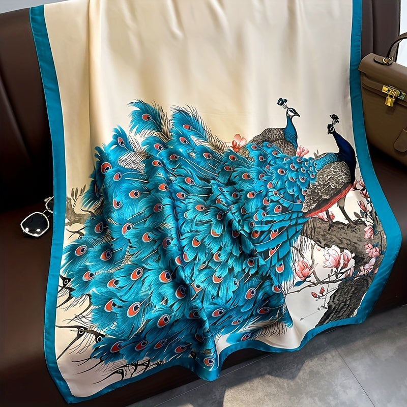 Peacock Print Large Scarf Block Satin Shawl Silk Windproof