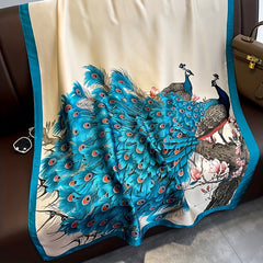 Peacock Print Large Scarf Block Satin Shawl Silk Windproof