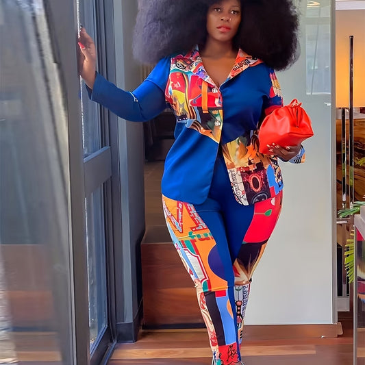  Colorblock Graphic Print Long Sleeve Top & Pants Set