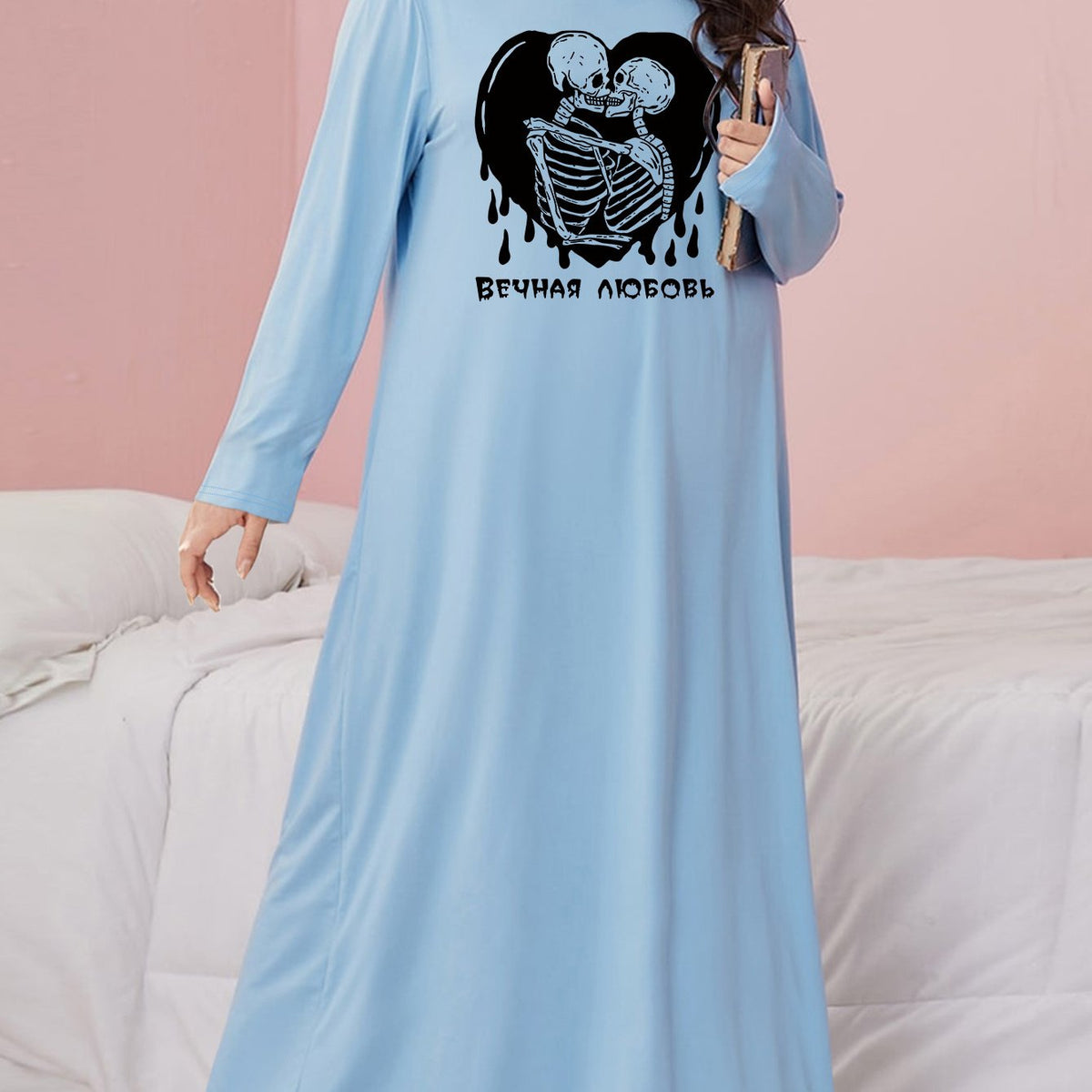  Gothic Nightdress Skull & Heart Print Round Neck Loose Fit Sleep Dress