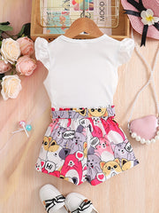 Girls Cat Graphic Top & Belted Shorts Set Kids Summer Clothes