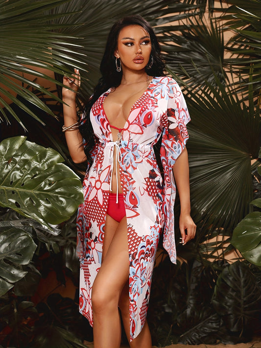 Floral Print Kimono Sleeve Cover Up Dress