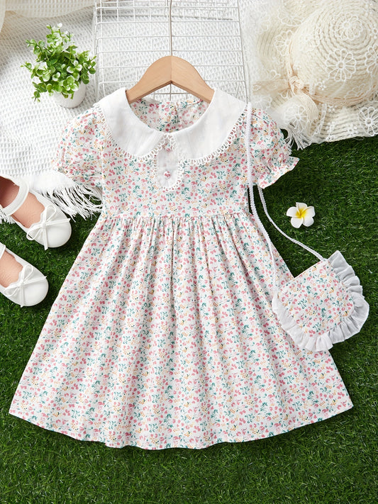 Toddler Girls Casual Short Sleeve Lapel Floral Dress & Matching Bag