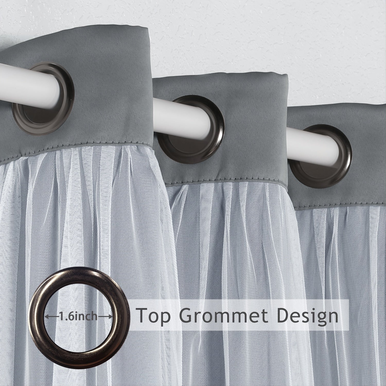 Blackout Curtains With Sheer Voile Double Layer Grey