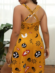  Halloween Cami Dress Pumpkin & Skull Print Criss Cross Back