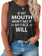  Casual Tank Top Women's Plus Slogan Print Round Neck Slight Stretch
