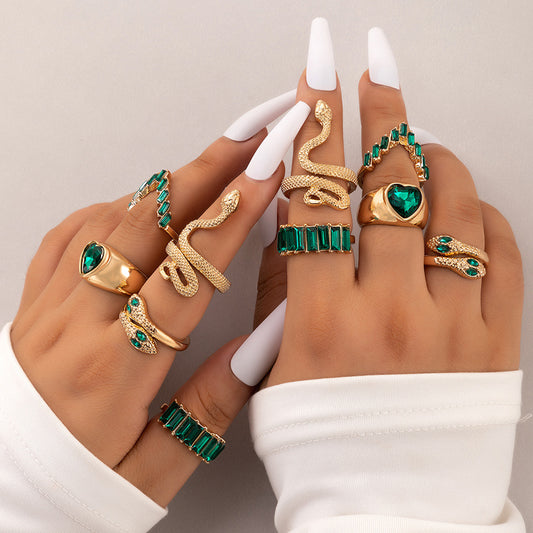 Vintage Green Gemstone Snake Rings Set - 5pcs