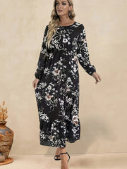  Boho Dress Floral Print Lantern Sleeve Ruffle Trim Maxi Dress