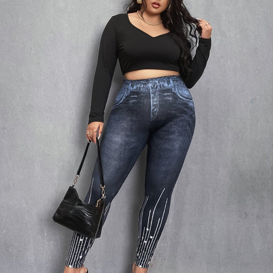 3D Denim Rhinestone Print High Rise Leggings Plus Size