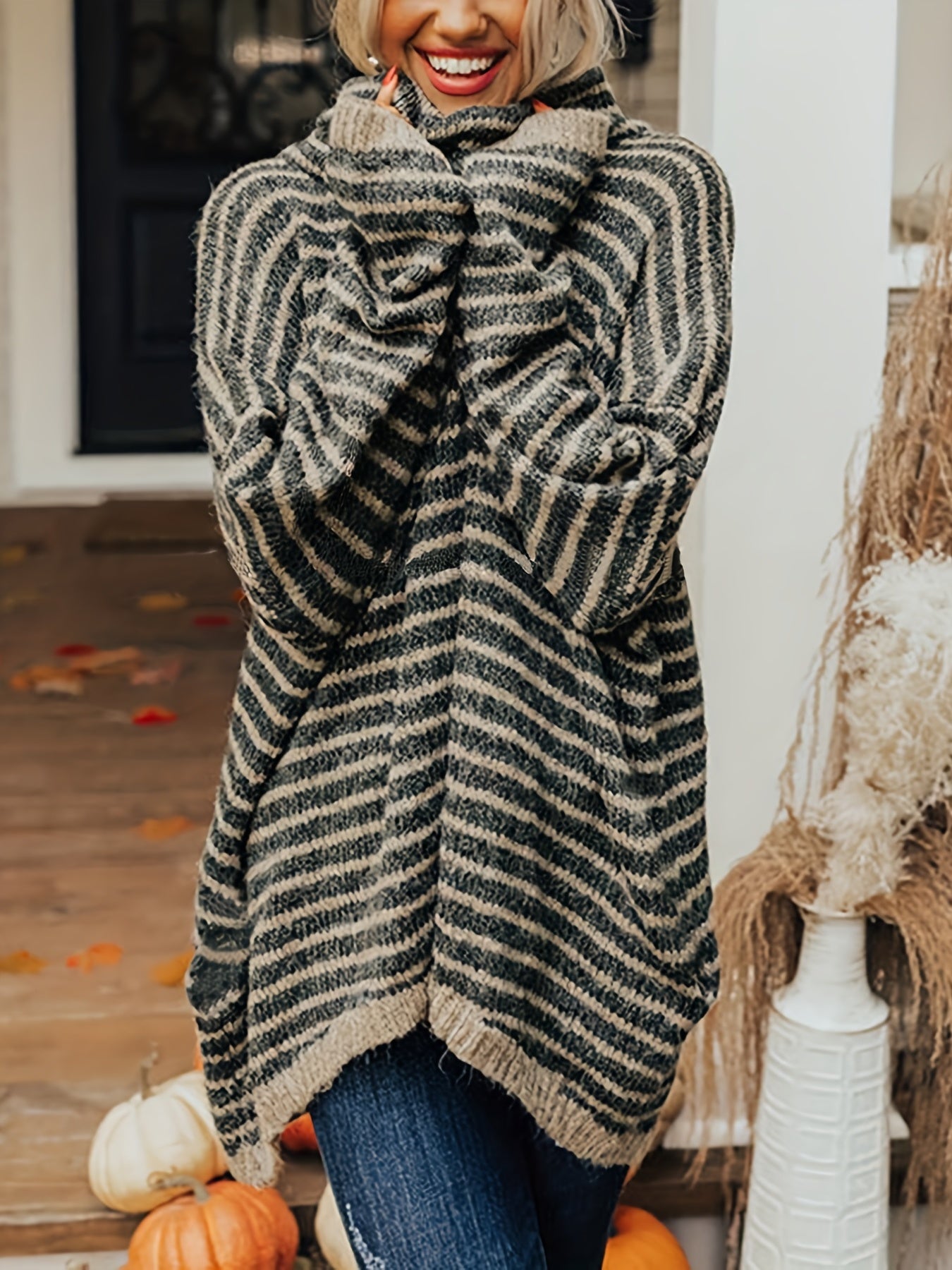 Women's Plus Stripe Print Chimney Collar Pullover Sweater