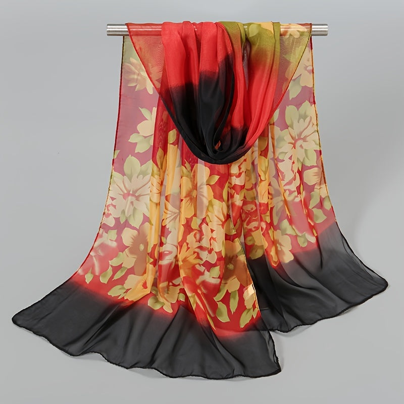 Chiffon Scarf Gradient Flower Print Shawl Sunscreen Windproof Head Wrap