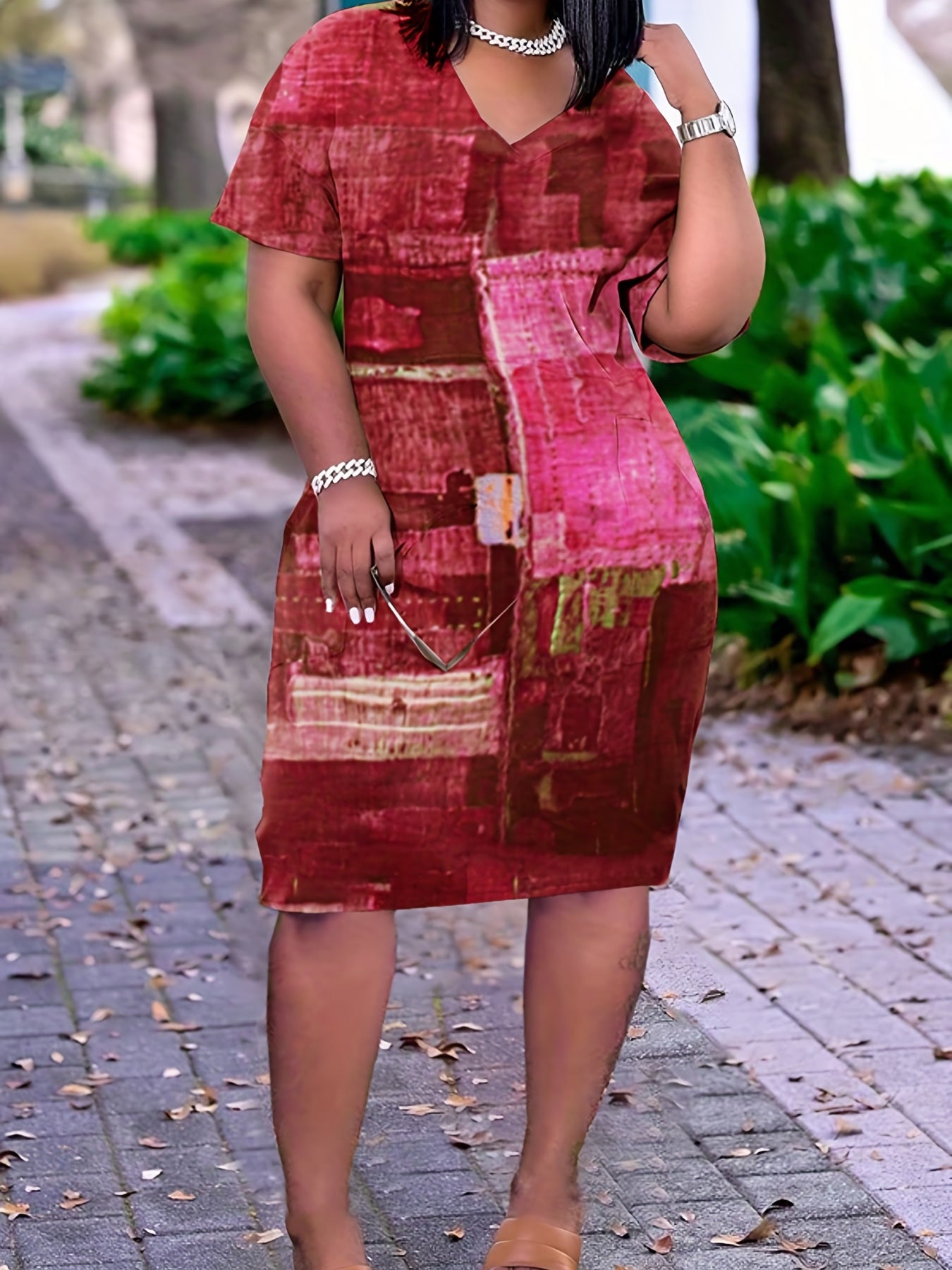  Denim Print Short Sleeve V Neck Dress With Pockets