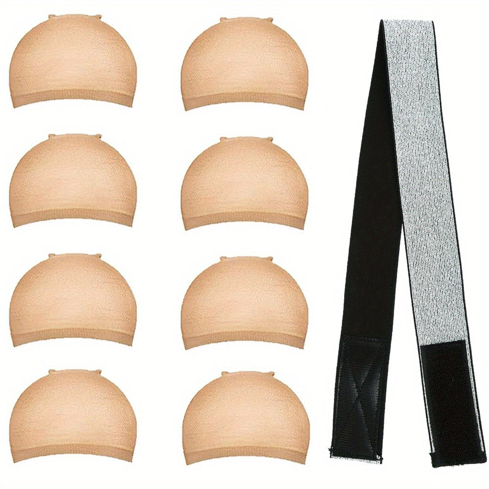8PCS Stretchable Nylon Wig Caps & Elastic Bands Set for Women Nude Color