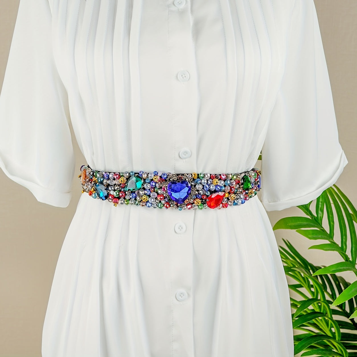 Vintage Crystal Girdle Heart Rhinestone Beads Elastic Belt for Women