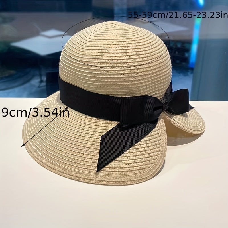 Bowknot Ponytail Sun Hat Wide Brim UV Protection Straw Hat Lightweight Foldable