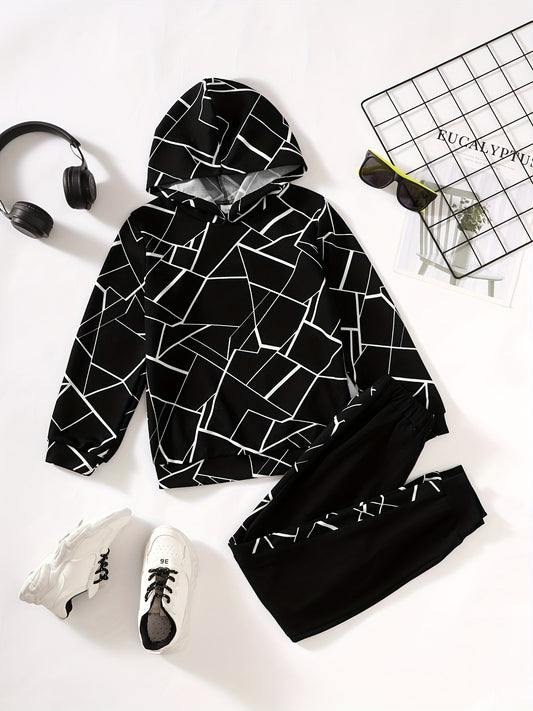 Geometric Graphic Print Boys Hooded Sweatshirt & Sweatpants Set