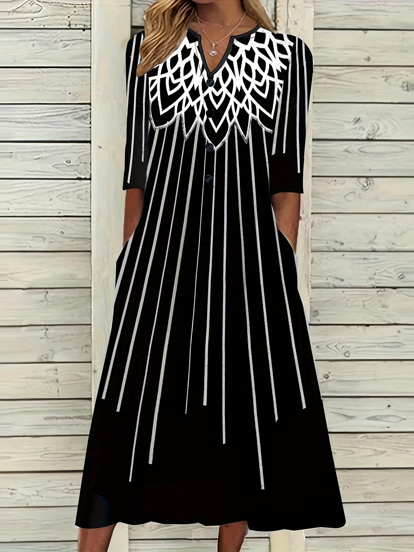  Floral Print Long Sleeve Notched Neck Dress