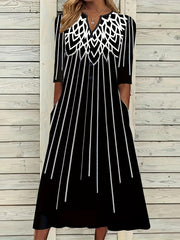  Floral Print Long Sleeve Notched Neck Dress
