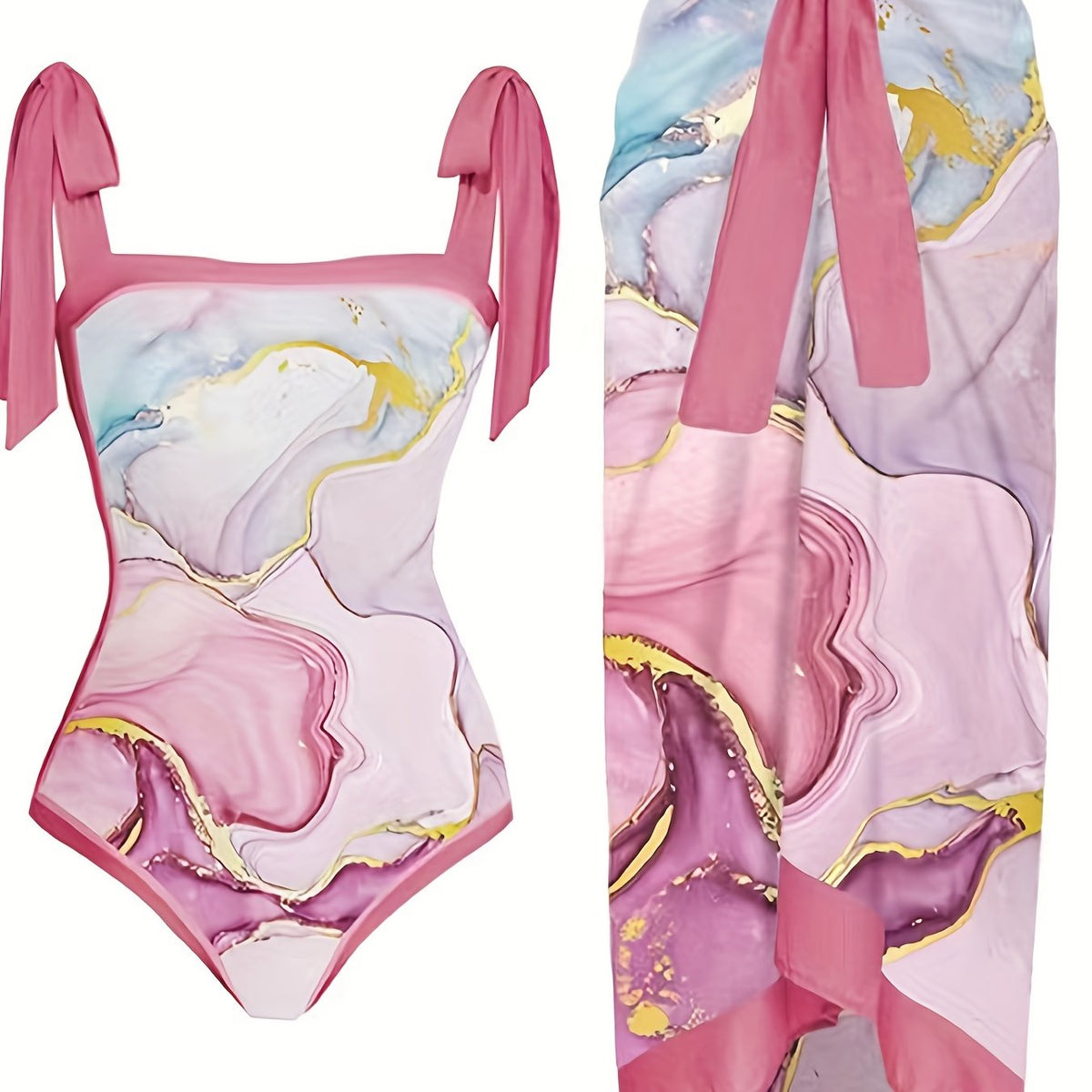 Marble Print Tie Shoulder Bodysuit & Knot Skirt Bathing Suit Set