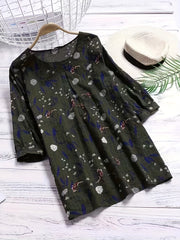  Floral Print Boho Shirt 3/4 Sleeve Ruffled Blouse