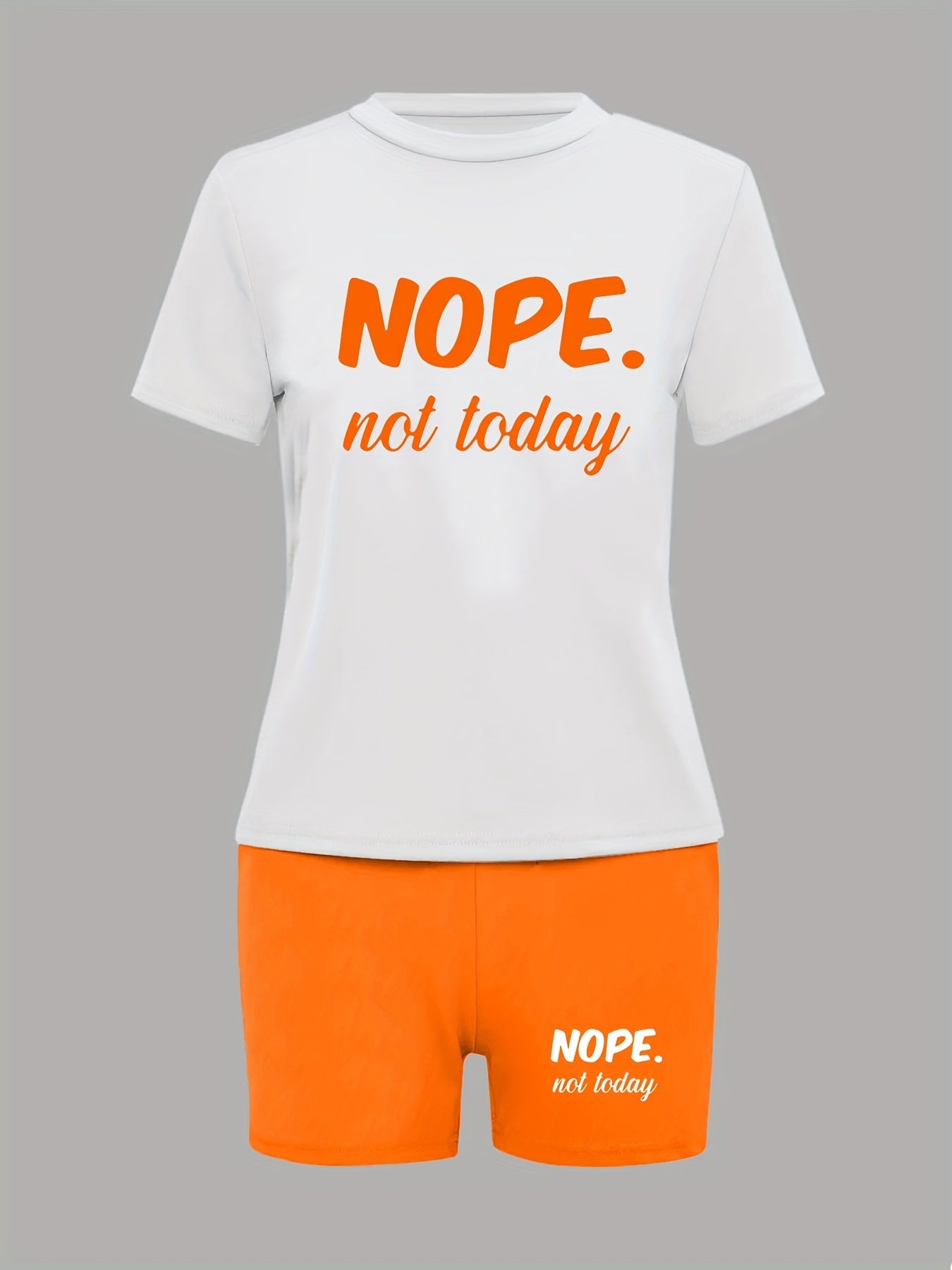 Not Today Letter Print Two piece Set Crew Neck Short Sleeve T shirt & Slim Short