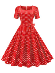 Polka Dot Bow Front Dress Vintage Square Neck Short Sleeve