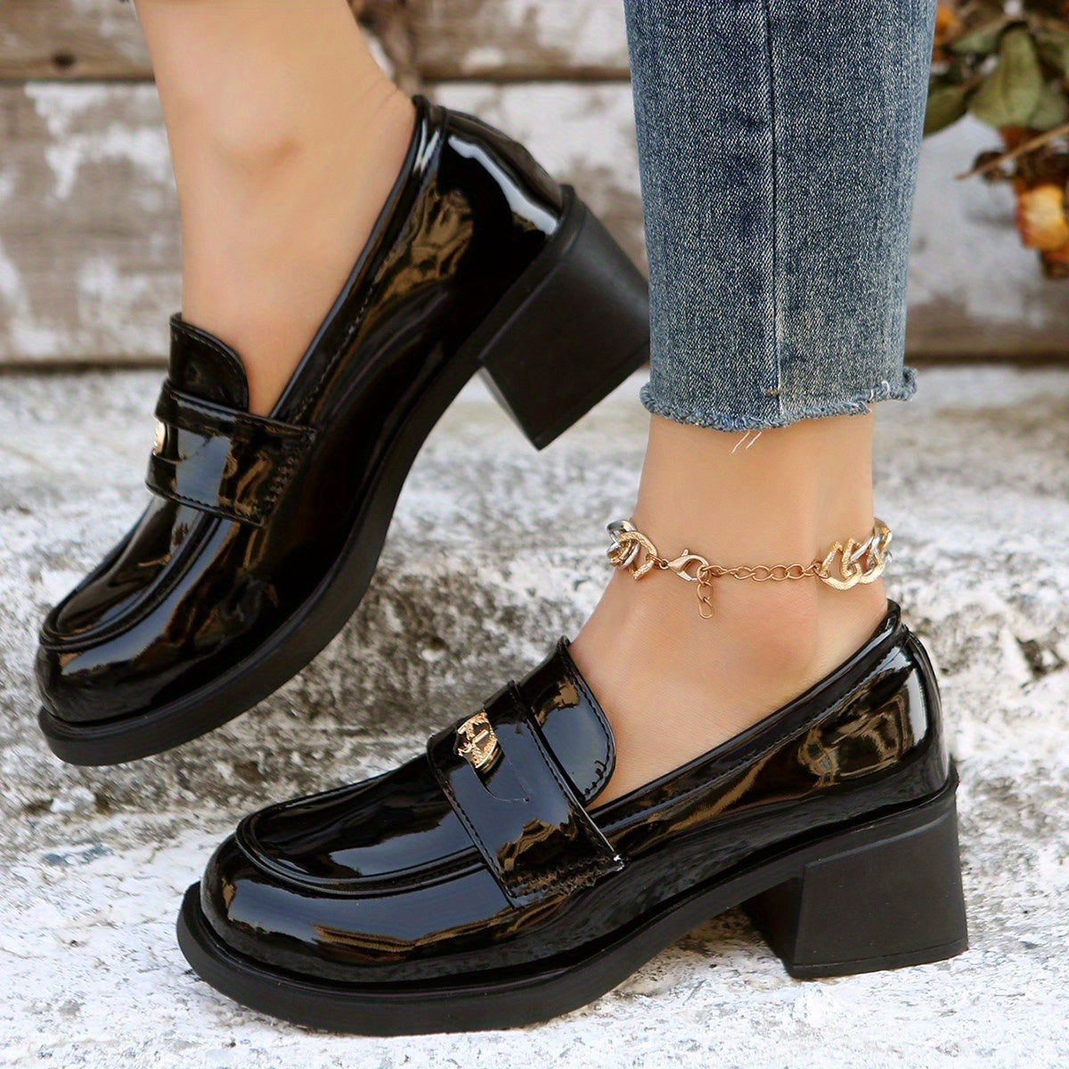 Women's Chunky Heel Loafers Patent Leather Mid Heels British Style