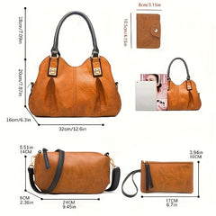 Vintage Style Large Capacity PU Leather Handbag Set Zipper Closure