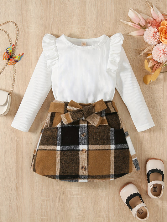 Baby Girls Knitted Ruffle Top & Plaid Skirt Set