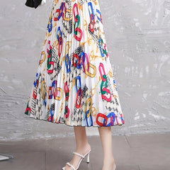  Scarf Print Elastic Pleated Maxi Skirt