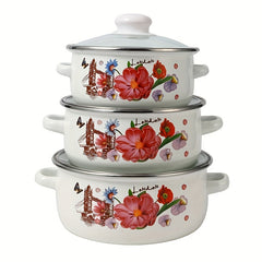 3pcs Enamel Soup Pot Barbecue Pot Stew Pot Set