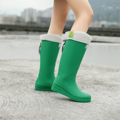 Green Fleece Liner Rain Boots Waterproof Slip On Anti Slip High Boots