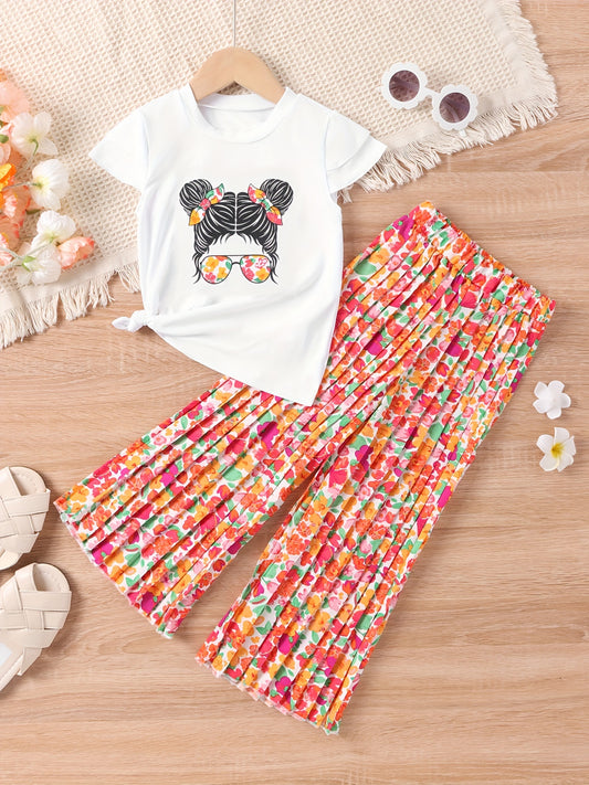 Girls Pretty Girl Graphic Print T shirt & Leopard Wide Leg Pants Set