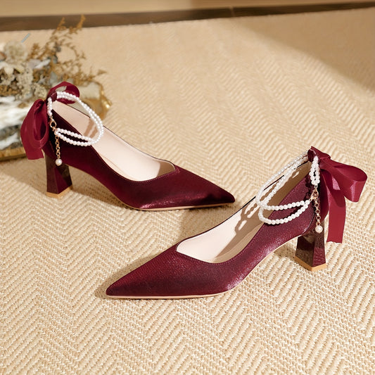 Pearl Chain Chunky Heel Wedding Pumps Bowknot Detail