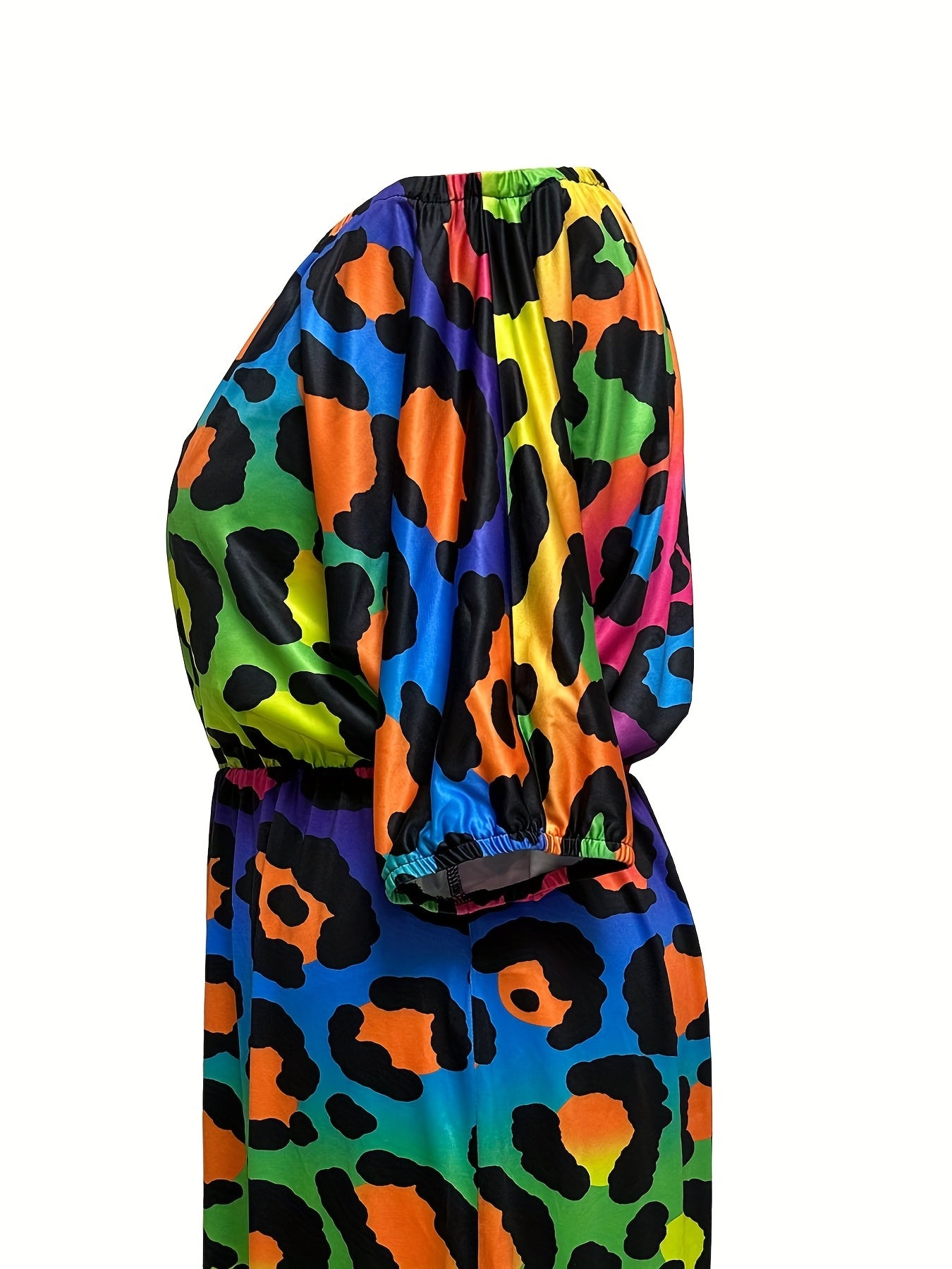  Colorblock Leopard Print Maxi Dress with Bubble Sleeves